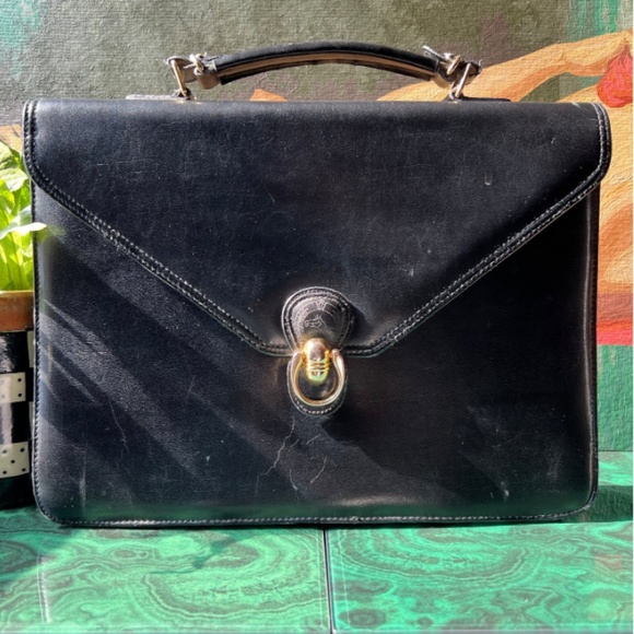 Black Leather Briefcase with Horse Head Closure - Picture 1 of 9